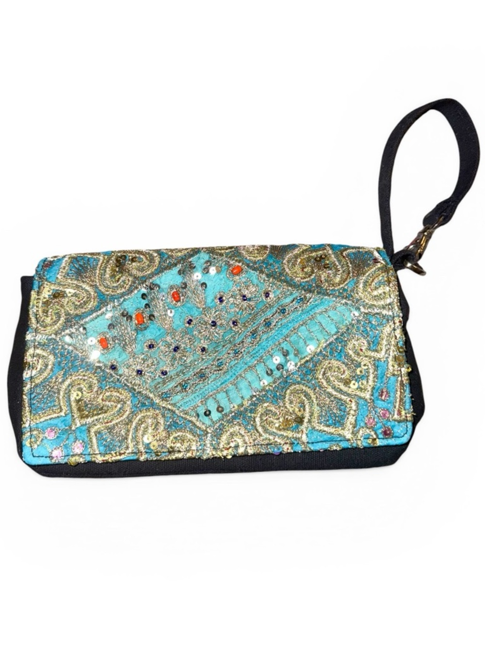 Beaded-sequined Turquoise Sari wristlet/clutch,Gold Embroidery, fair trade India